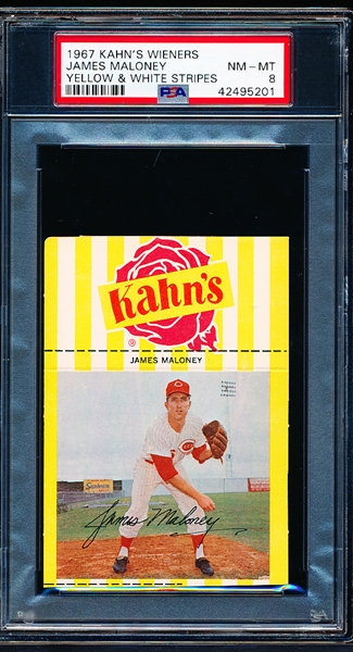 1967 Kahn’s Baseball- Jim Maloney, Reds- PSA NM-MT 8 – Yellow & White Striped version-with top Ad tab