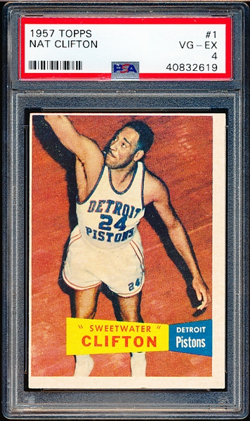 1957-58 Topps Basketball- #1 Nat (Sweetwater) Clifton, Pistons- PSA Vg-Ex 4