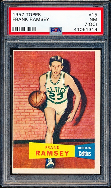 1957-58 Topps Basketball- #15 Frank Ramsey, Boston Celtics- PSA NM 7 (OC)