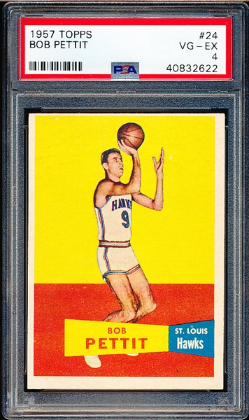 1957-58 Topps Basketball- #24 Bob Pettit, St. Louis Hawks- PSA Vg-Ex 4