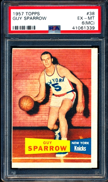 1957-58 Topps Basketball- #38 Guy Sparrow, New York Knicks- PSA Ex-Mt 6 (MC)