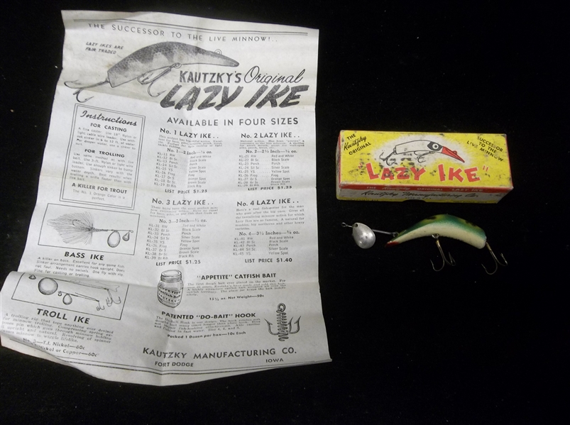 1950’s? Kautzky’s Original Lazy Ike #KL-26 Medium #2 Frog Wooden Fishing Lure in Original Retail Box with Ad
