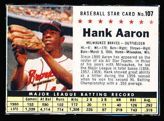 1961 Post Cereal Baseball- #107 Hank Aaron, Braves