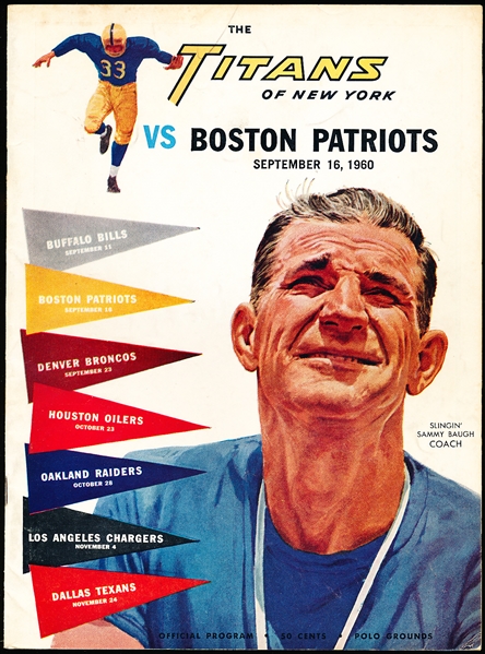 September 16, 1960 Boston Patriots @ New York Titans AFL Program- First Year of the AFL!