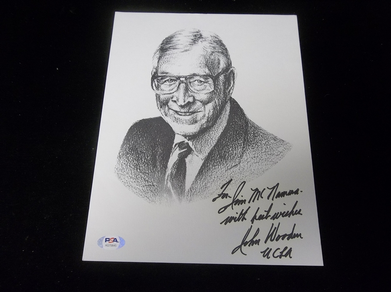 Autographed and Inscribed John Wooden NCAA Men’s BK B/W 8-½” x 11” Photo- PSA Certified