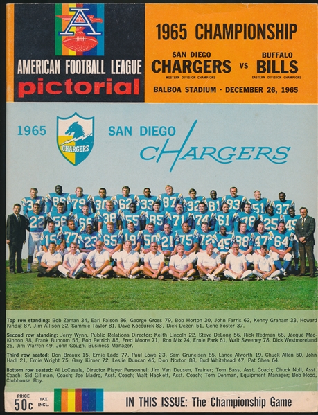 1965 AFL Championship Football Program- Buffalo Bills @ San Diego Chargers