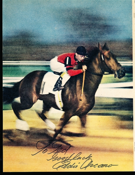 Autographed Eddie Arcaro 1940’s 8-3/8” x 10-¾” Color Magazine Photo- Appears to be riding Citation