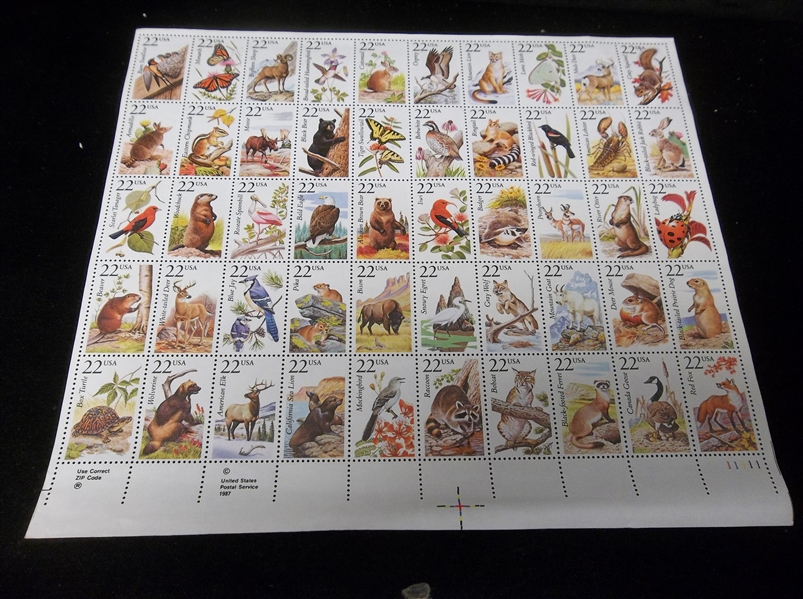 1987 USPS Wild Animals Perforated Sheet of 50 Twenty Two Cent Stamps