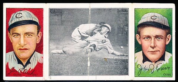 1912 T202 Hassan Triple Folder Baseball- “Evers Makes a Safe Slide”- John J. Evers (Cubs)/ James P. Archer (Cubs)