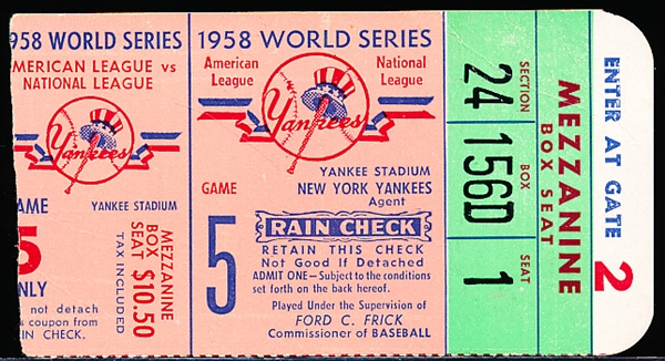 1958 MLB World Series Ticket Stub- Milwaukee Braves @ New York Yankees Game 5