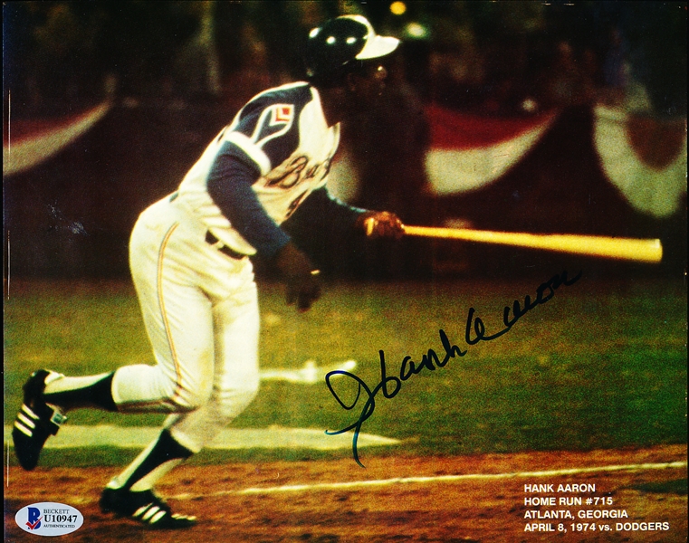 Autographed Hank Aaron Atlanta Braves MLB Color 8” x 10” Game Action Shot of Him During HR #715- Beckett Certified
