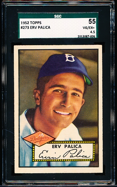 1952 Topps Baseball- #273 Erv Palica, Dodgers- SGC 55 (Vg- Vg-Ex 4.5)