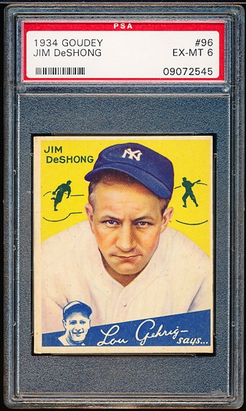 1934 Goudey Baseball- #96 Jim DeShong, Yankees- PSA Ex-Mt 6- Hi# 