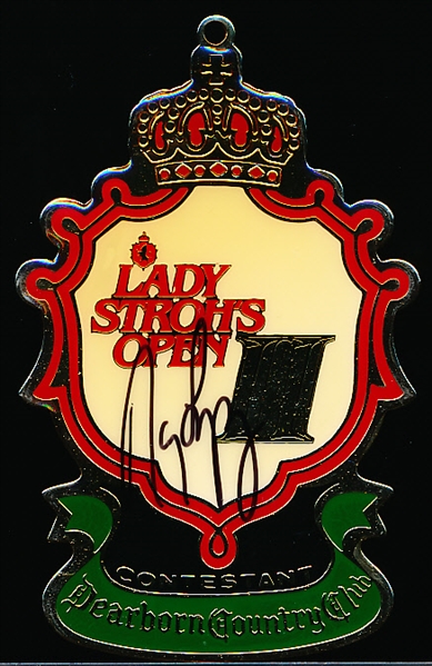 Late 1979 Lady Stroh’s Open (Dearborn CC, Dearborn, MI.) “Contestant” Heavy Metal 2-3/4” x 4-1/4” Logo Signed by Nancy Lopez!