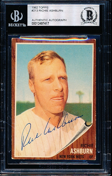 Autographed 1962 Topps Bsbl. #213 Richie Ashburn, Mets- Beckett Certified/ Slabbed