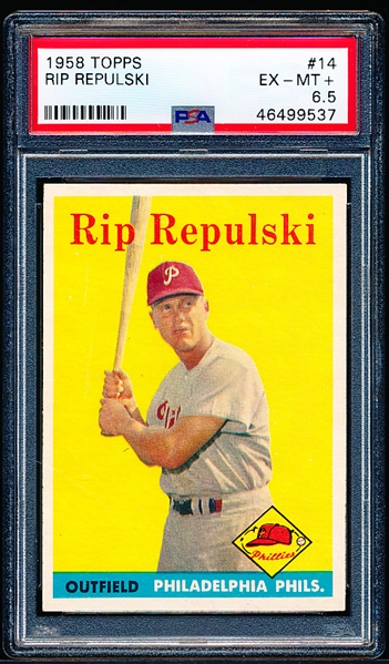 1958 Topps Bb- #14 Rip Repulski, Phillies- PSA Ex-Mt + 6.5