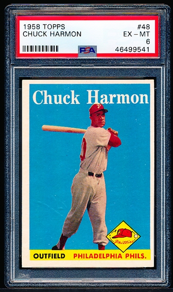 1958 Topps Bb- #48 Chuck Harmon, Phillies- PSA Ex-Mt 6