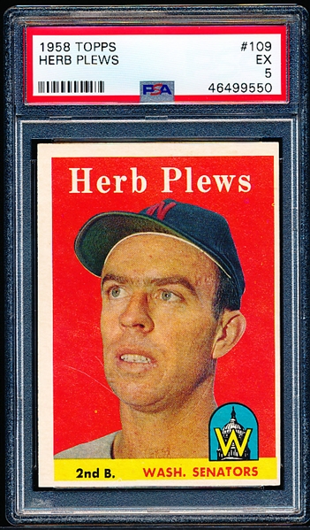 1958 Topps Bb- #109 Herb Plews, Wash- PSA Ex 5