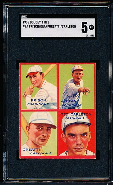 1935 Goudey “4 in 1” Baseball- #2A Dizzy Dean/ Frisch/ Carleton/ Orsatti (Cardinals)- SGC 5 (Ex)