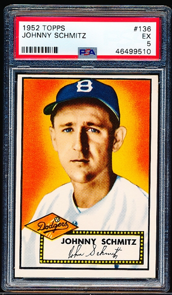 1952 Topps Baseball- #136 Johnny Schmitz, Dodgers- PSA Ex 5