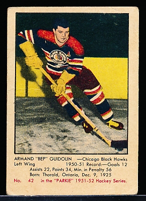 1951-52 Parkhurst Hockey #42 Armand “Bep” Guidolin RC, Black Hawks