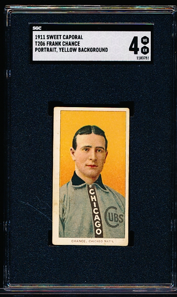 1909-11 T206 Baseball- Frank Chance, Chicago Natl (Portrait Yellow Background)- SGC 4 (Vg-Ex)- Sweet Caporal 350-460 back