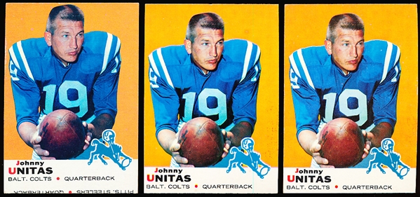 1969 Topps Football- #25 John Unitas, Colts- 3 Cards