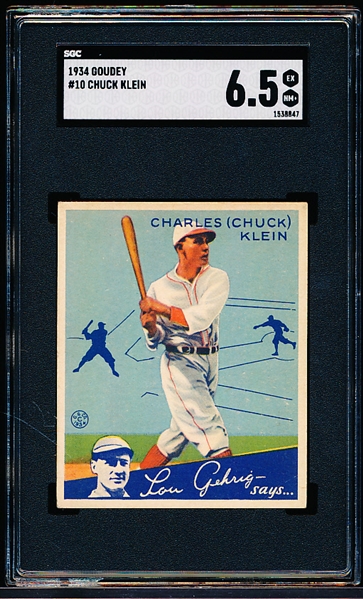 1934 Goudey Baseball- #10 Chuck Klein, Cubs- SGC 6.5 (Ex-Nm+)