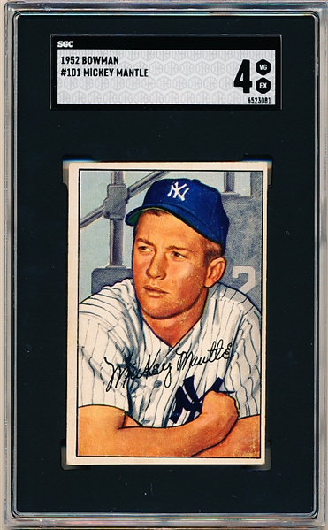 1952 Bowman Baseball- #101 Mickey Mantle, Yankees- SGC 4 (Vg-Ex)