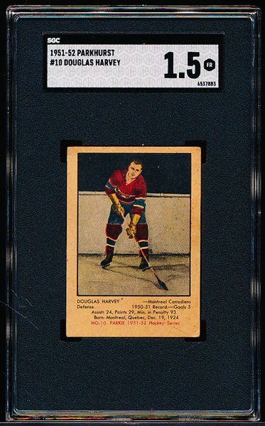 1951-52 Parkhurst Hockey- #10 Doug Harvey, Montreal- Rookie!- SGC 1.5 (Fair)