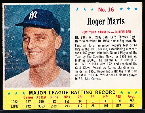 1963 Jello Bb- #16 Roger Maris, Yankees