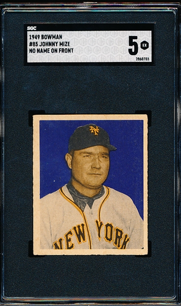 1949 Bowman Baseball- #85 Johny Mize, Giants (No Name on Front)- SGC 5 Ex