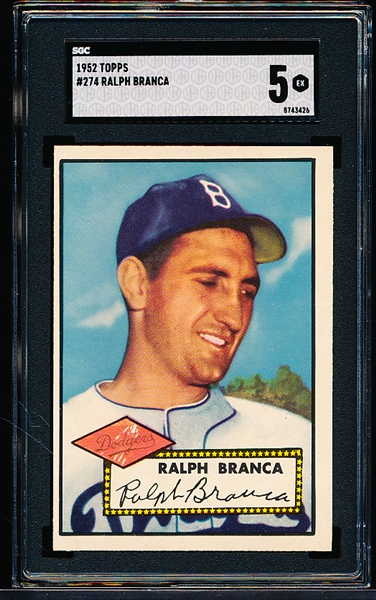 1952 Topps Baseball- #274 Ralph Branca, Dodgers- SGC 5 (Ex)