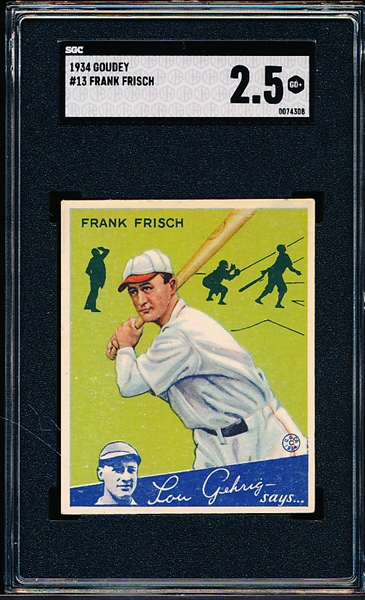 1934 Goudey Baseball- #13 Frank Frisch, Cards- SGC 2.5 (Good+)