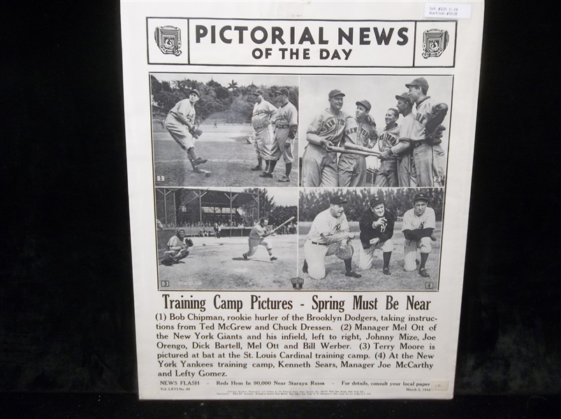 March 2, 1942 Pictorial News of the Day 14” x 17” MLB Training Camp Display Page