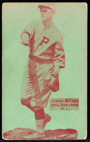 1925-31 Exhibit Bb Postcard with Postcard Back- Jimmy Wilson, Philadelphia NL- Green Color with Name and Team in Box Variation