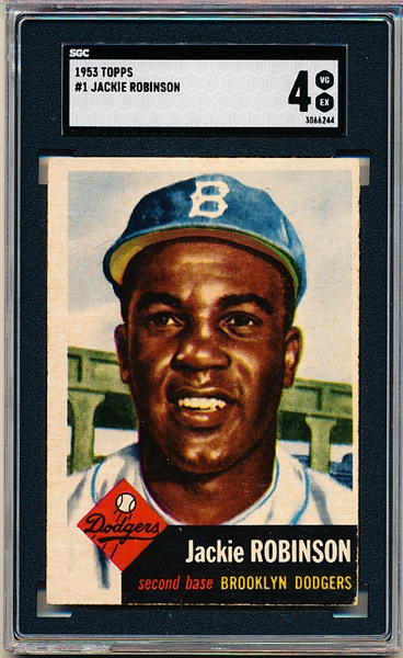 1953 Topps Baseball- #1 Jackie Robinson, Brooklyn- SGC 4 (Vg-Ex)