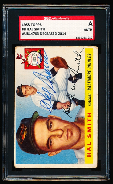 Autographed 1955 Topps Baseball- #8 Hal Smith, Baltimore- SGC Certified & Encapsulated