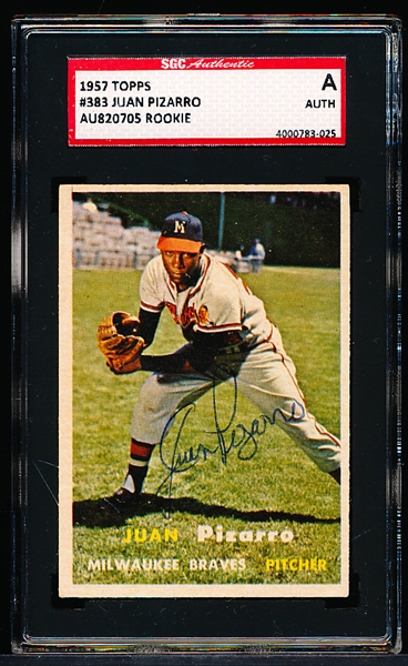 Autographed 1957 Topps Baseball- #383 Juan Pizarro, Braves- SGC Certified & Encapsulated