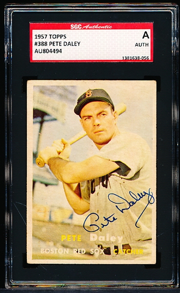 Autographed 1957 Topps Baseball- #388 Pete Daley, Red Sox- SGC Certified & Encapsulated