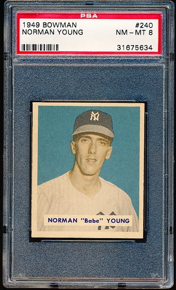 1949 Bowman Baseball- #240 Norman “Babe” Young, NY Yankees- PSA Nm-Mt 8 