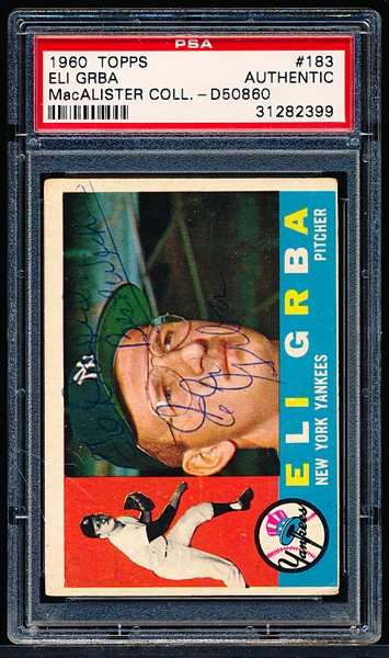 Autographed 1960 Topps Baseball- #183 Eli Grba, Yankees- PSA/DNA Certified & Encapsulated