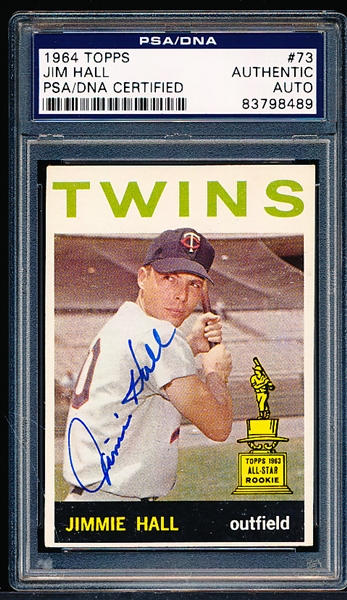 Autographed 1964 Topps Baseball- #73 Jim Hall, Twins- PSA/DNA Certified & Encapsulated