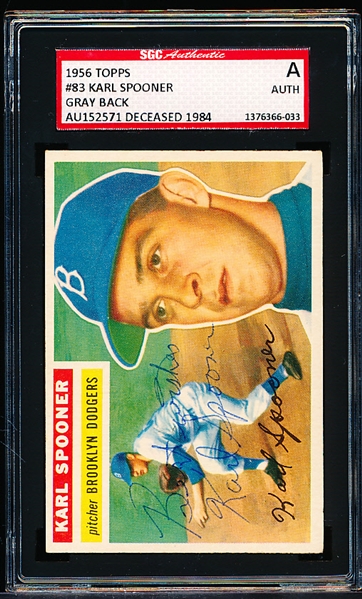 Autographed 1956 Topps Baseball- #83 Karl Spooner, Brooklyn Dodgers- SGC Certified & Encapsulated