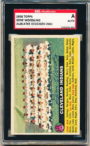 Autographed 1956 Topps Baseball- #85 Cleveland Indians Team- Signed by Gene Woodling- SGC Certified & Encapsulated