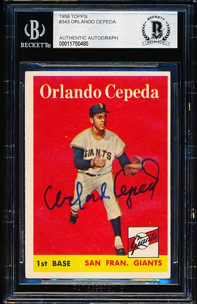 Autographed 1958 Topps Baseball- #343 Orlando Cepeda, Giants- Rookie- Beckett Certified & Encapsulated