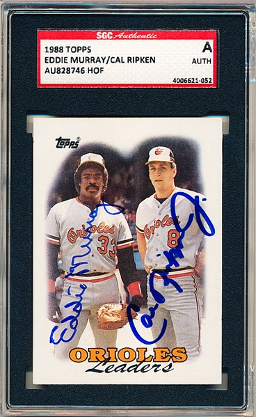 Autographed 1988 Topps Baseball- #51 Baltimore Team Leaders with Sigs of Eddie Murray & Cal Ripken- SGC Certified & Encapsulated