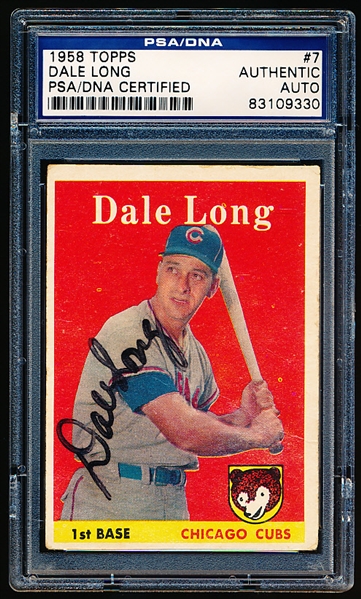 Autographed 1958 Topps Baseball- #7 Dale Long, Cubs- PSA/ DNA Certified & Encapsulated