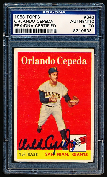 Autographed 1958 Topps Baseball- #343 Orlando Cepeda, Giants (Rookie Card!)- PSA/DNA Certified & Encapsulated