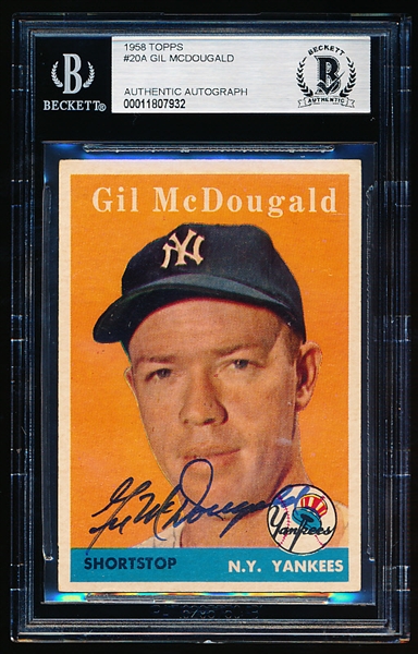 Autographed 1958 Topps Baseball- #20 Gil McDougald, Yankees- Beckett Certified & Encapsulated